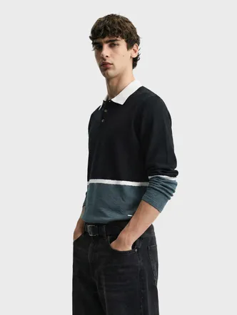 Men's Black-White-Slate Teal Rugby Polo Shirt Casual