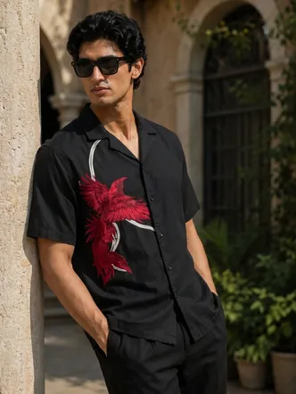 Black Embroidered Cami Shirt Relaxed Casual Top