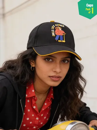 Unisex Black Yellow Red Embroidered Cotton Cap