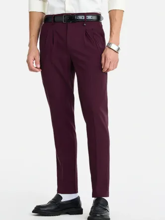 Men's Deep Burgundy Pleated Slim Fit Trousers