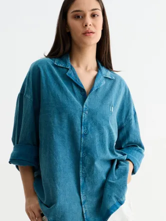 Teal Blue Vintage Denim Oversized Casual Shirt