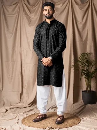 Men's Black Pathani Kurta Ethnic Jacquard Below Knee