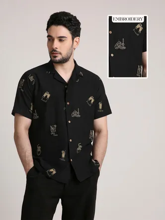 Men's Casual Black Cuban Collar Shirt