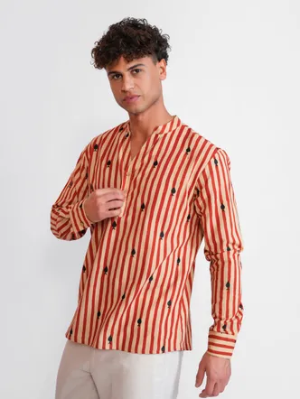 Men's Split Neck Pathani Kurta - Warm Beige