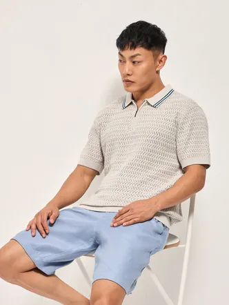 Men's Light Grey Cotton Half-Zip Polo Shirt